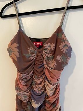 STAUD Brown Floral Ruched Midi Dress